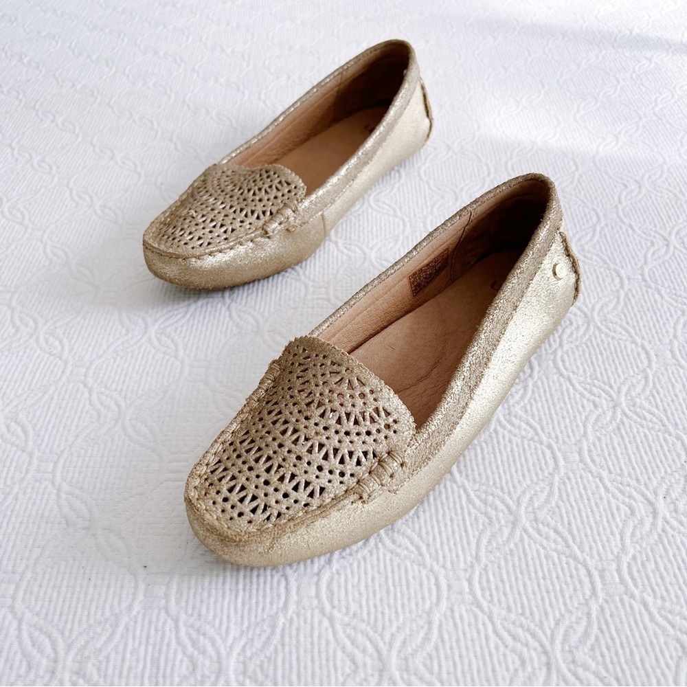 UGG • Clair Loafer slip on metallic gold leather laser cut perforated moccasin